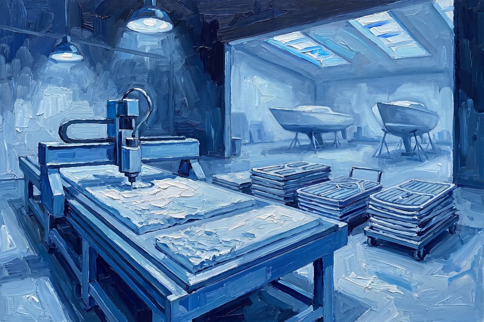 A marine shop with a CNC router table cutting deck pads and hulls in the far bay, painted in blue planes