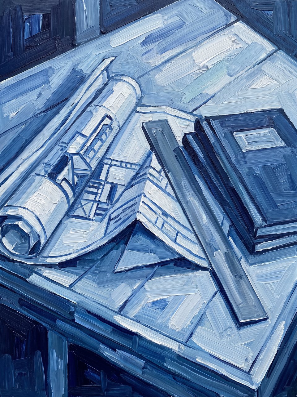 Blueprints and field notebooks on a drafting table, painted in blue planes