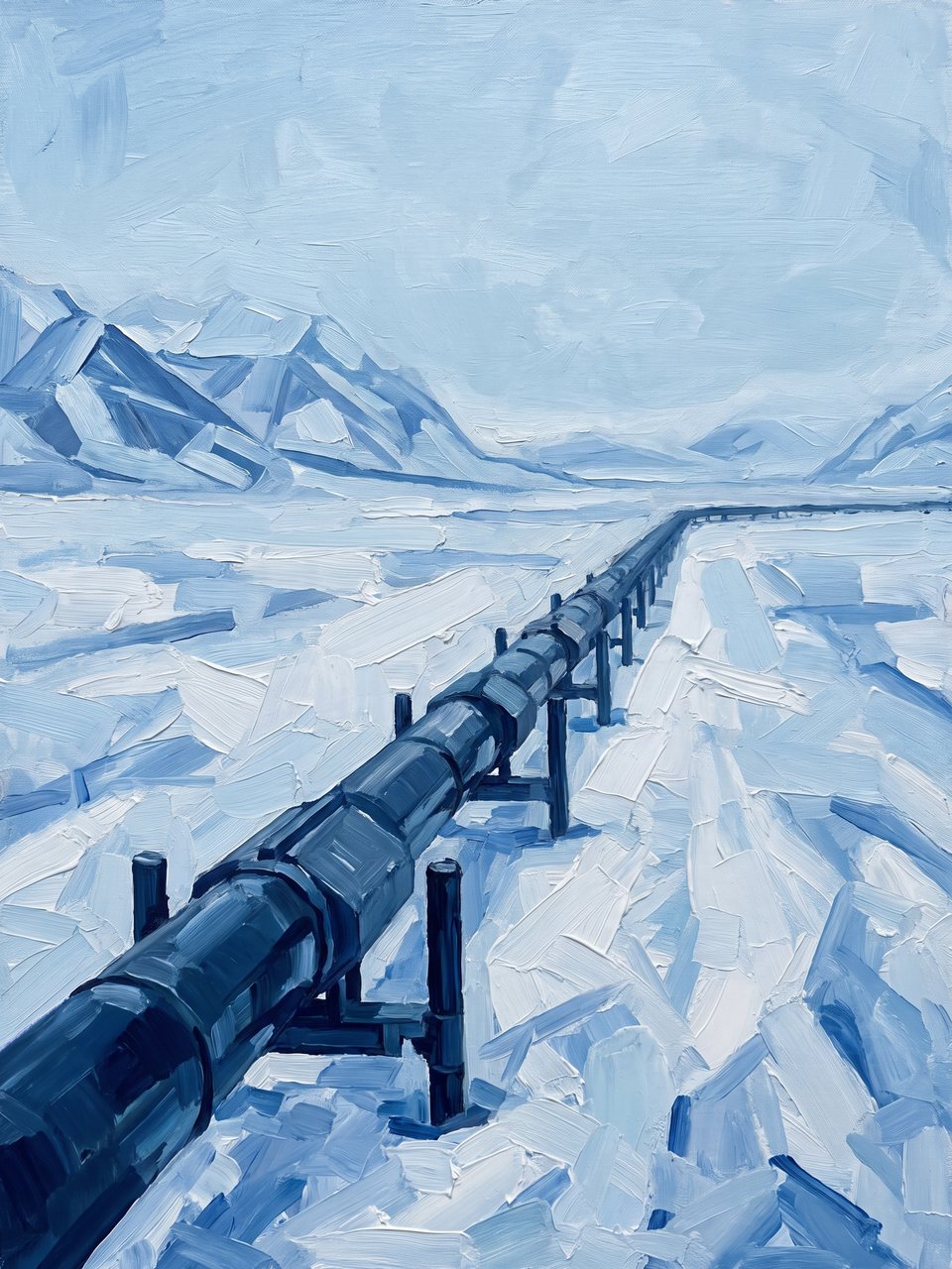 A pipeline on steel supports crossing frozen tundra, painted in blue planes
